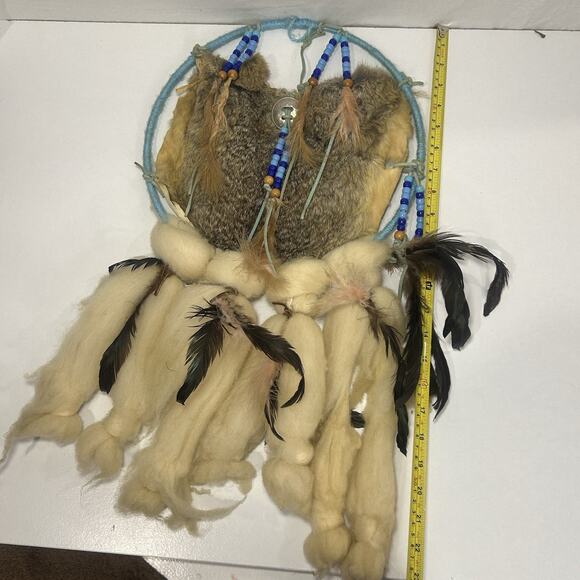 Vintage Native American Mandala Dream Catcher Fur Wool Feathers Beaded - Picture 3 of 6